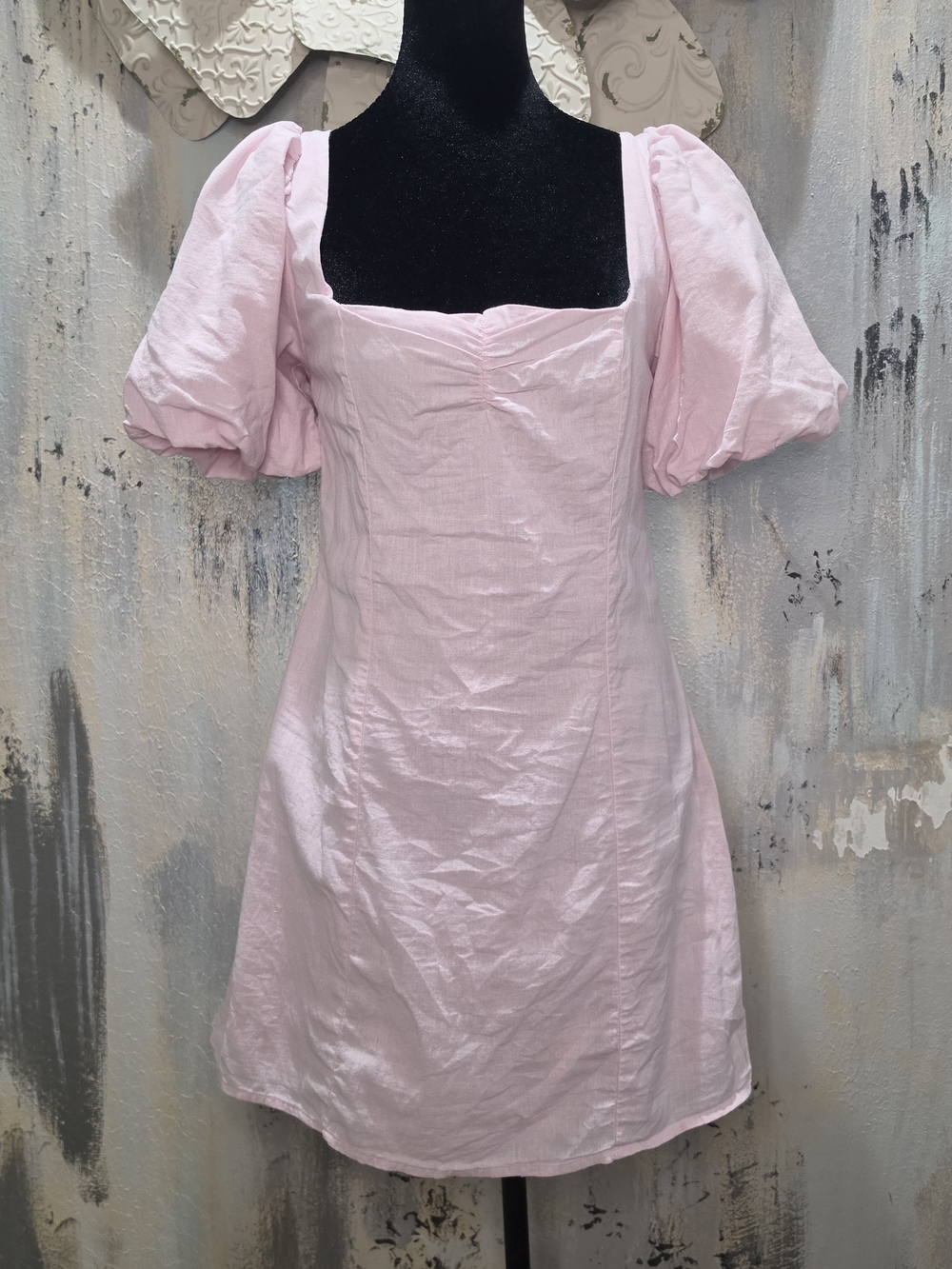 H&M Pastel Pink Puff Sleeve Square Neck Lace-up Back Mini Dress Size Medium